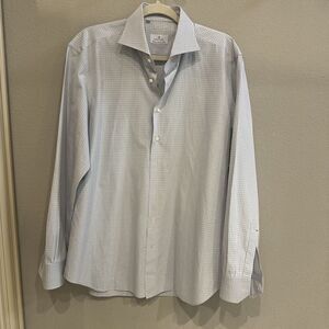 Haleigh Bespoke Mens Button Down Shirt 17.5 Light Blue Check Italian Made Dallas